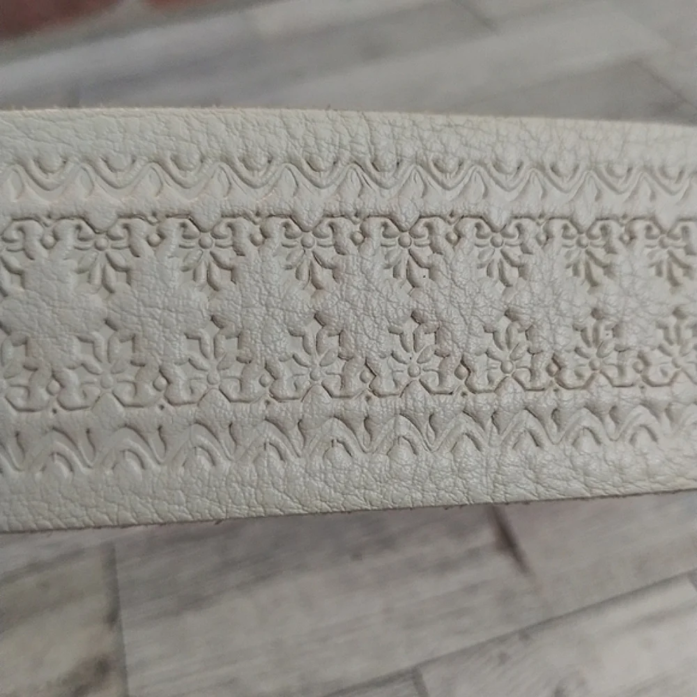 Fabio Corti Stamped Leather Cream Color Belt with Ornate Pewter Buckle #1863 M